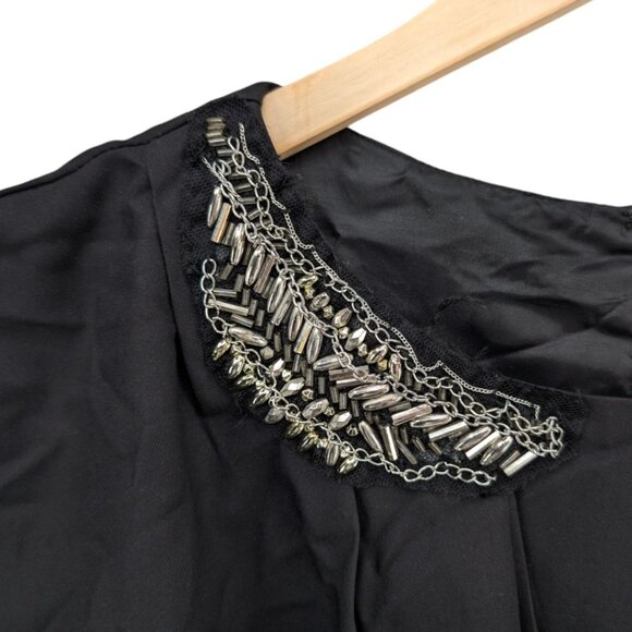 Lotus Ruched Mini Dress Black Beaded Neck Cap Sleeve Pleated Size L - Picture 11 of 13